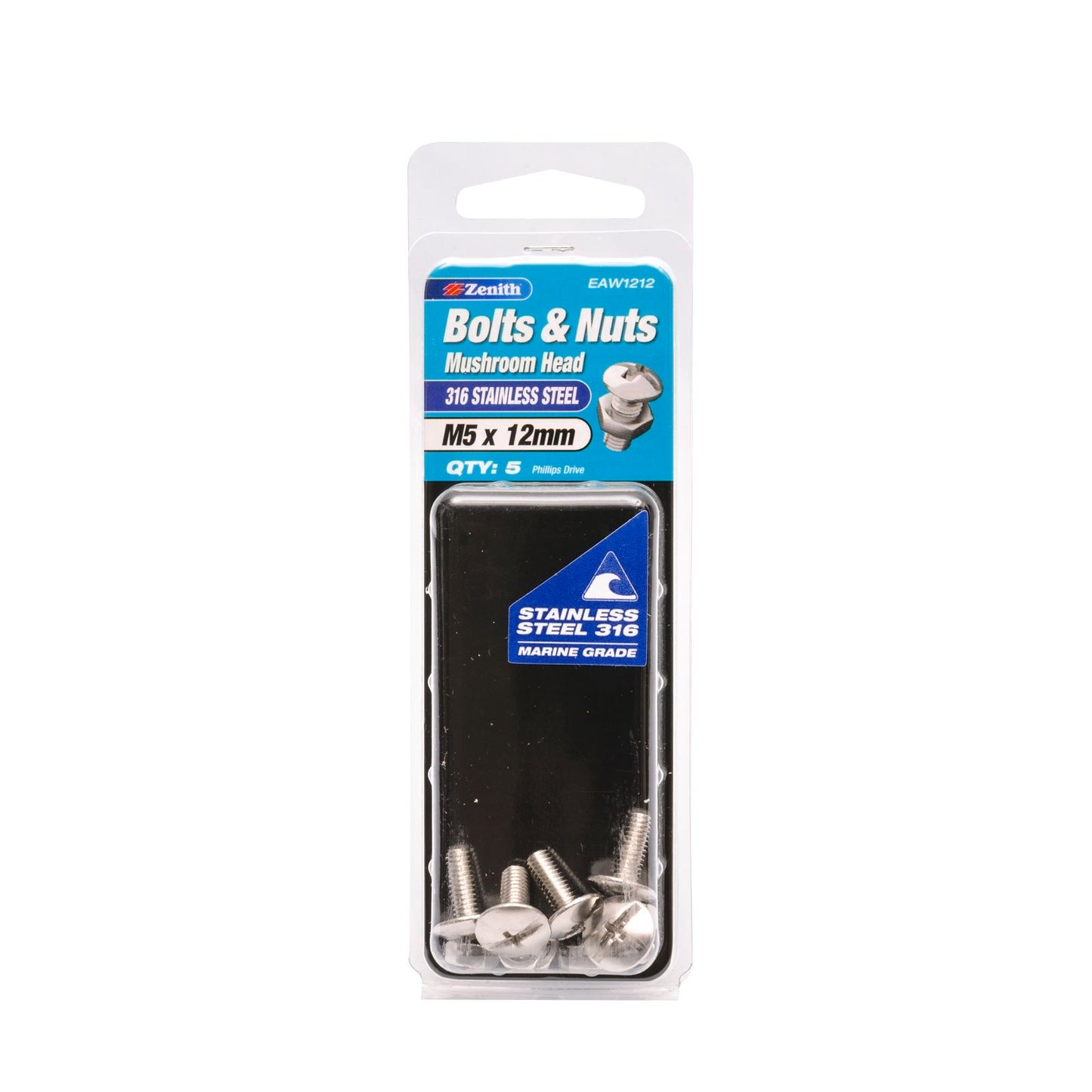 Zenith M5 x 12mm - Stainless Steel Mushroom Head Bolt & Nut - 5 Pack