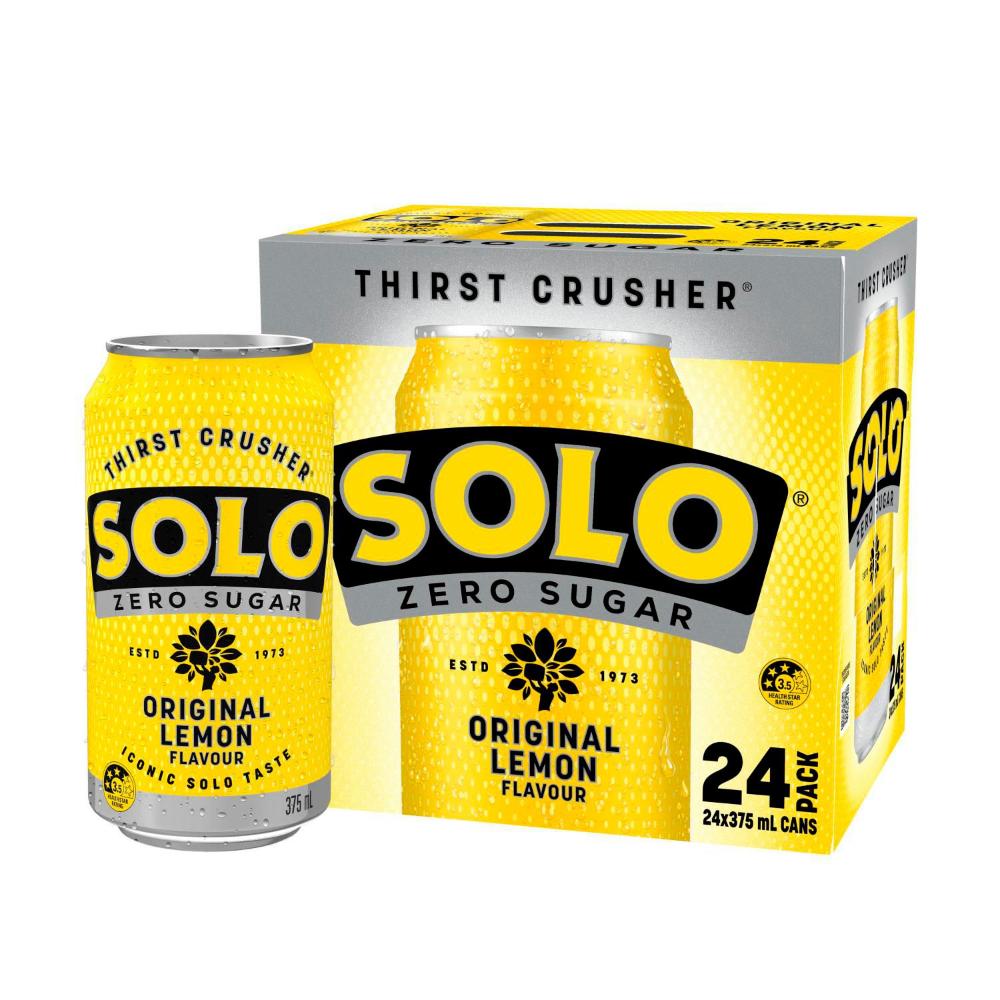 Solo Zero Sugar Original Lemon Soft Drink Cans Multipack 375ml x 24 Pack