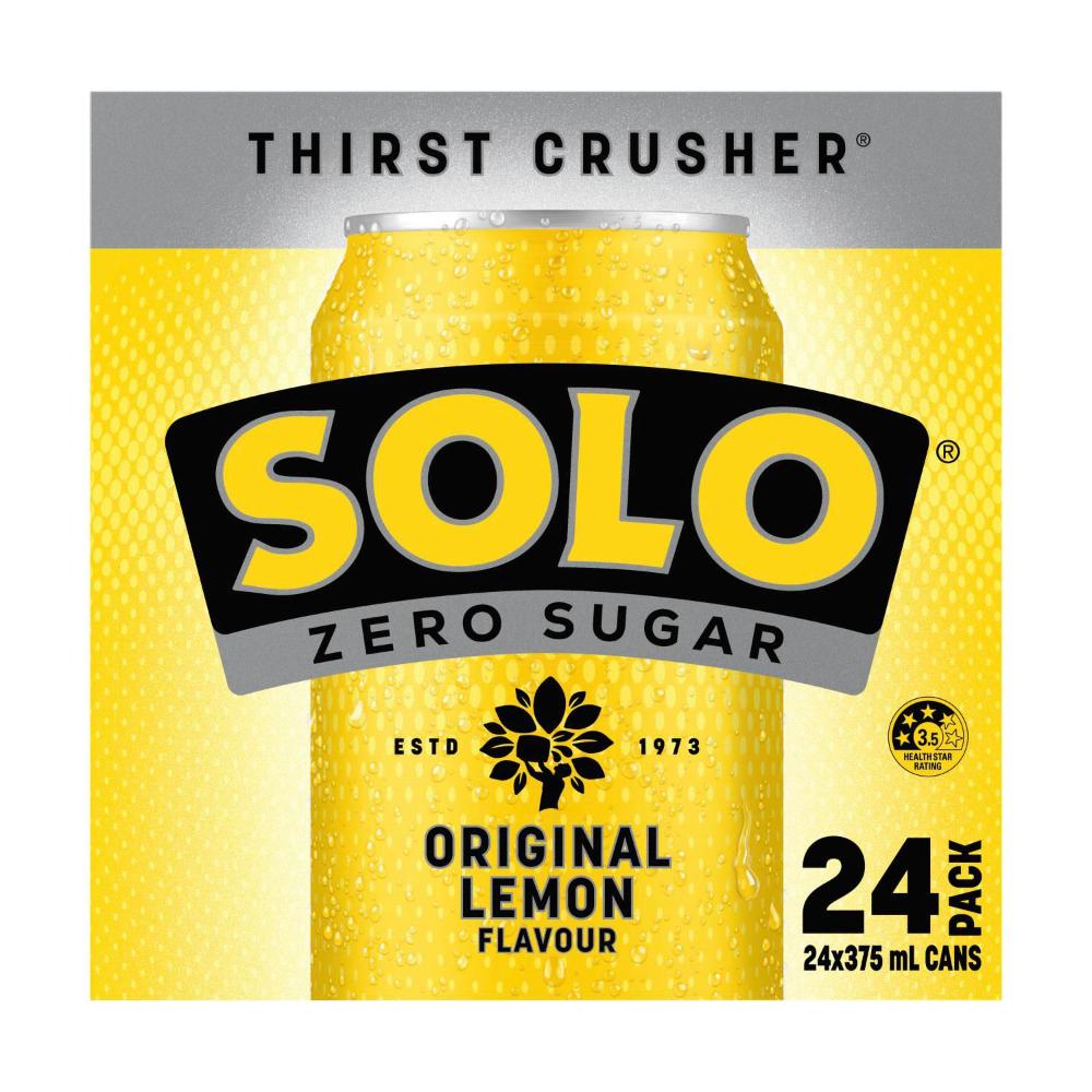 Solo Zero Sugar Original Lemon Soft Drink Cans Multipack 375ml x 24 Pack
