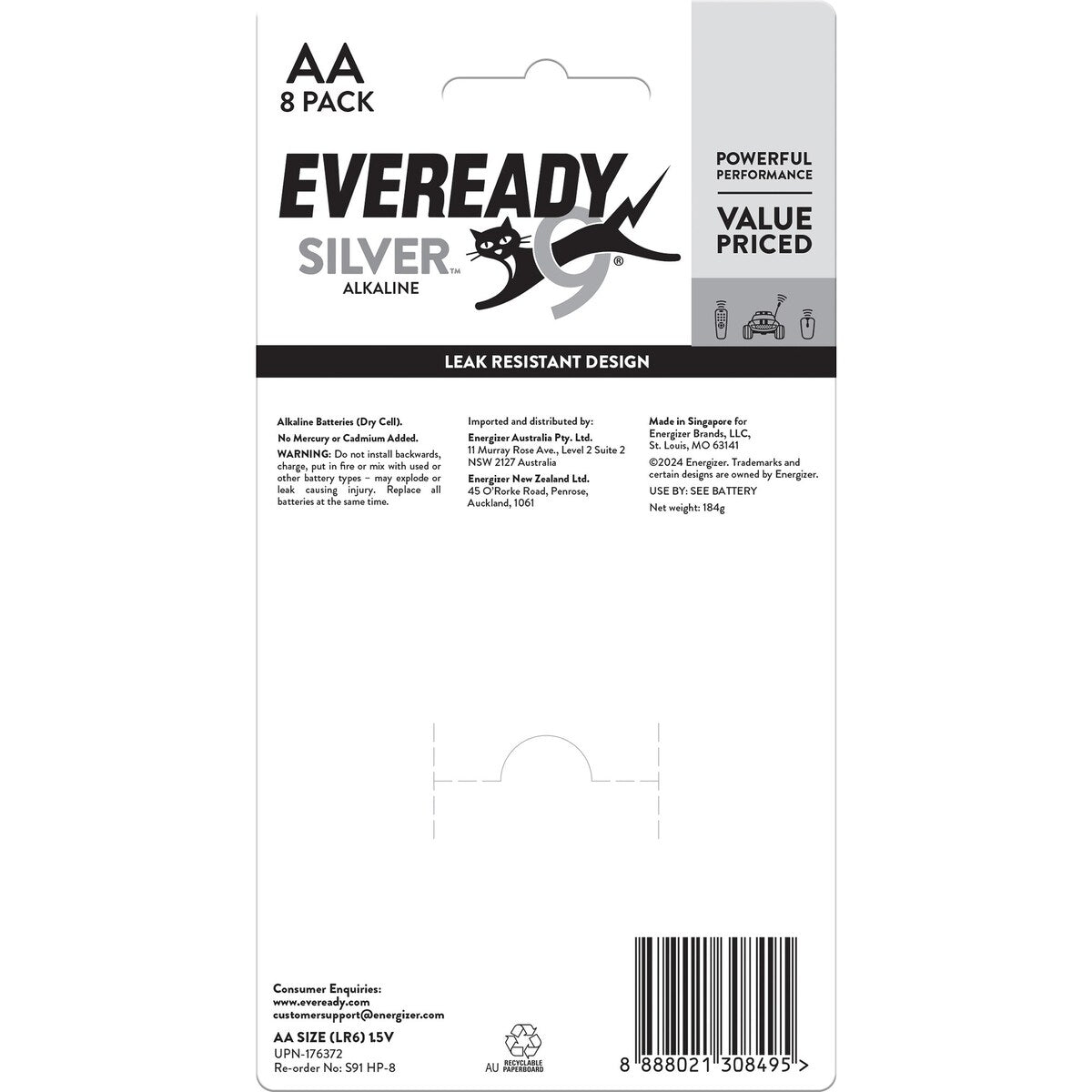 Eveready Silver Aa Alkaline Batteries 8 Pack