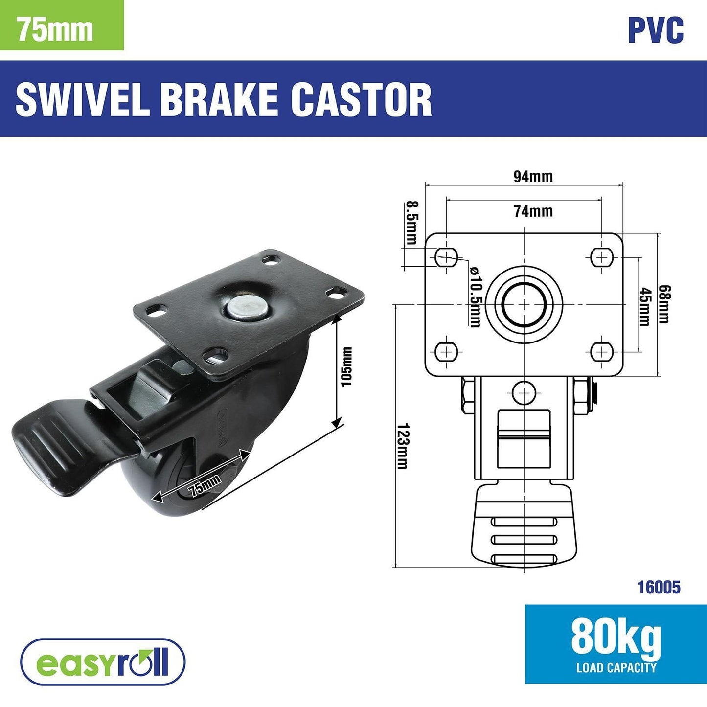 Easyroll Swivel Castor - 75mm - PVC - With Brake