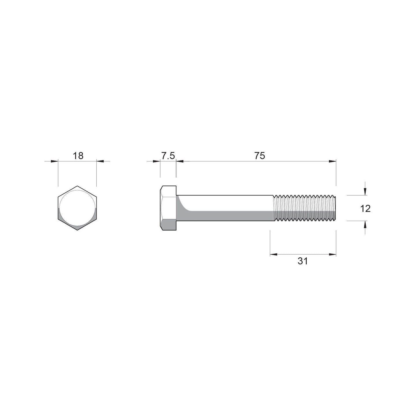 Zenith Hex Head Bolt - M12 x 75mm - Stainless Steel 304 - 10 Pack