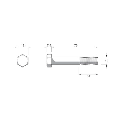 Zenith Hex Head Bolt - M12 x 75mm - Stainless Steel 304 - 10 Pack