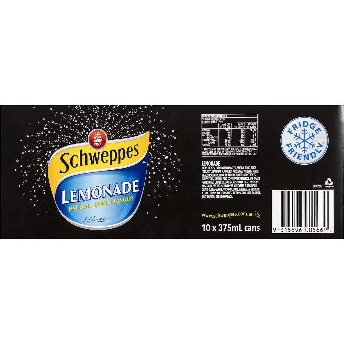 Schweppes Lemonade Soft Drink Cans 375ml X 10 Pack