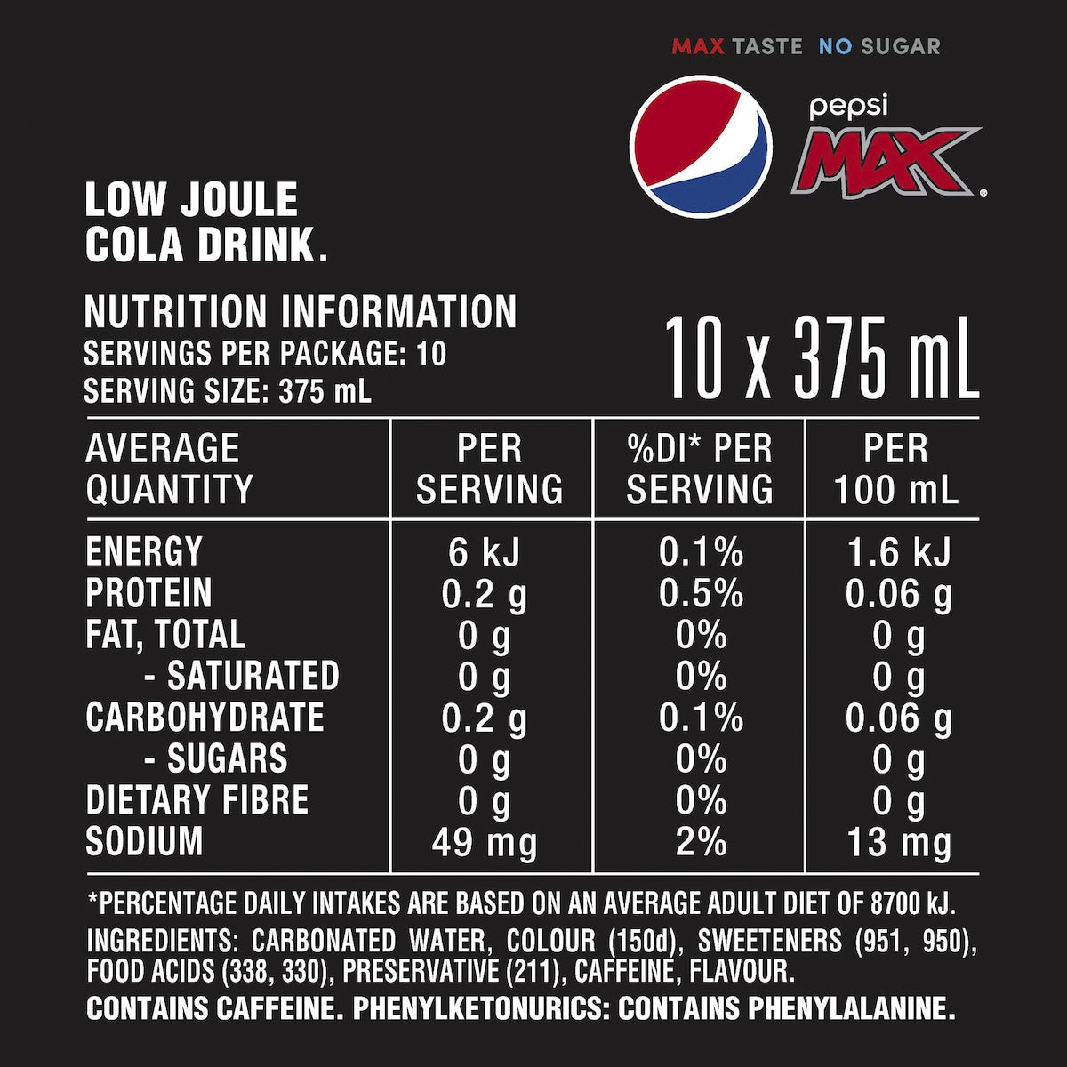 Pepsi Max No Sugar Soft Drink Cans 375ml X 10 Pack
