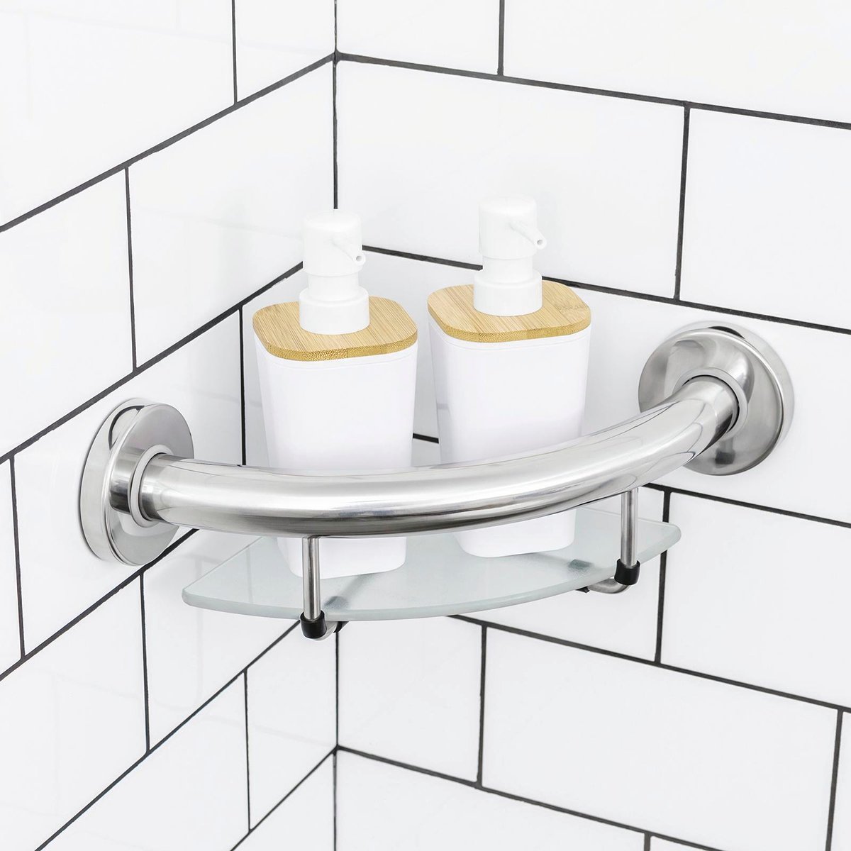 Evekare Corner Shelf With Grab Rail - 260mm Stainless Steel - Safety
