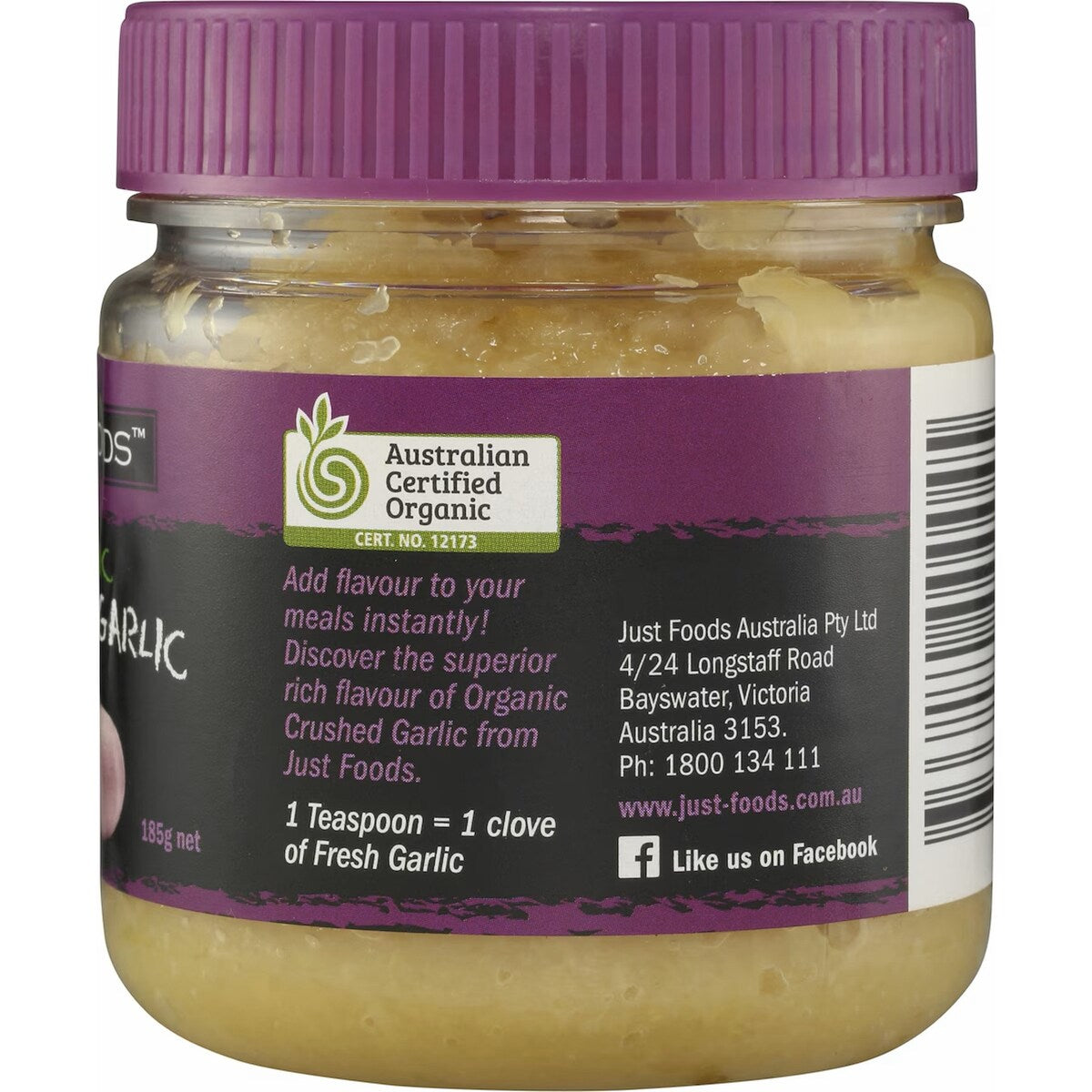 Justfoods Crushed Garlic Organic 185g