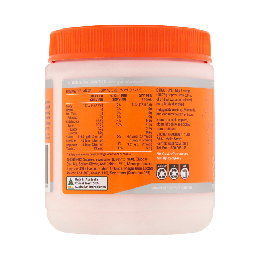 Staminade Hydrate 25% Less Sugar Orange Powder - 585g