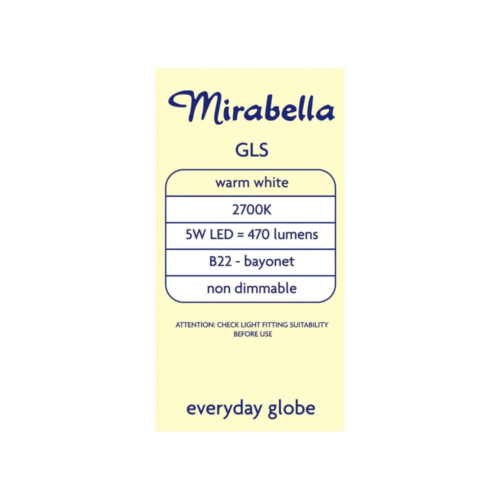 Mirabella Led Gls BC 5w 470lum 2700k Warm White - 2 pack