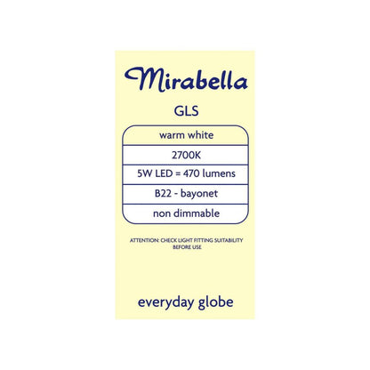 Mirabella Led Gls BC 5w 470lum 2700k Warm White - 2 pack
