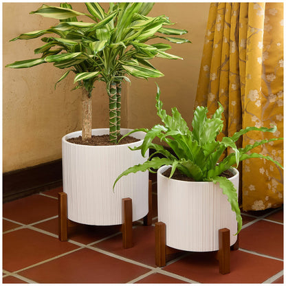 Ceramic Planters Set of 2 with Bamboo Stand White & 5.5L 3.3L