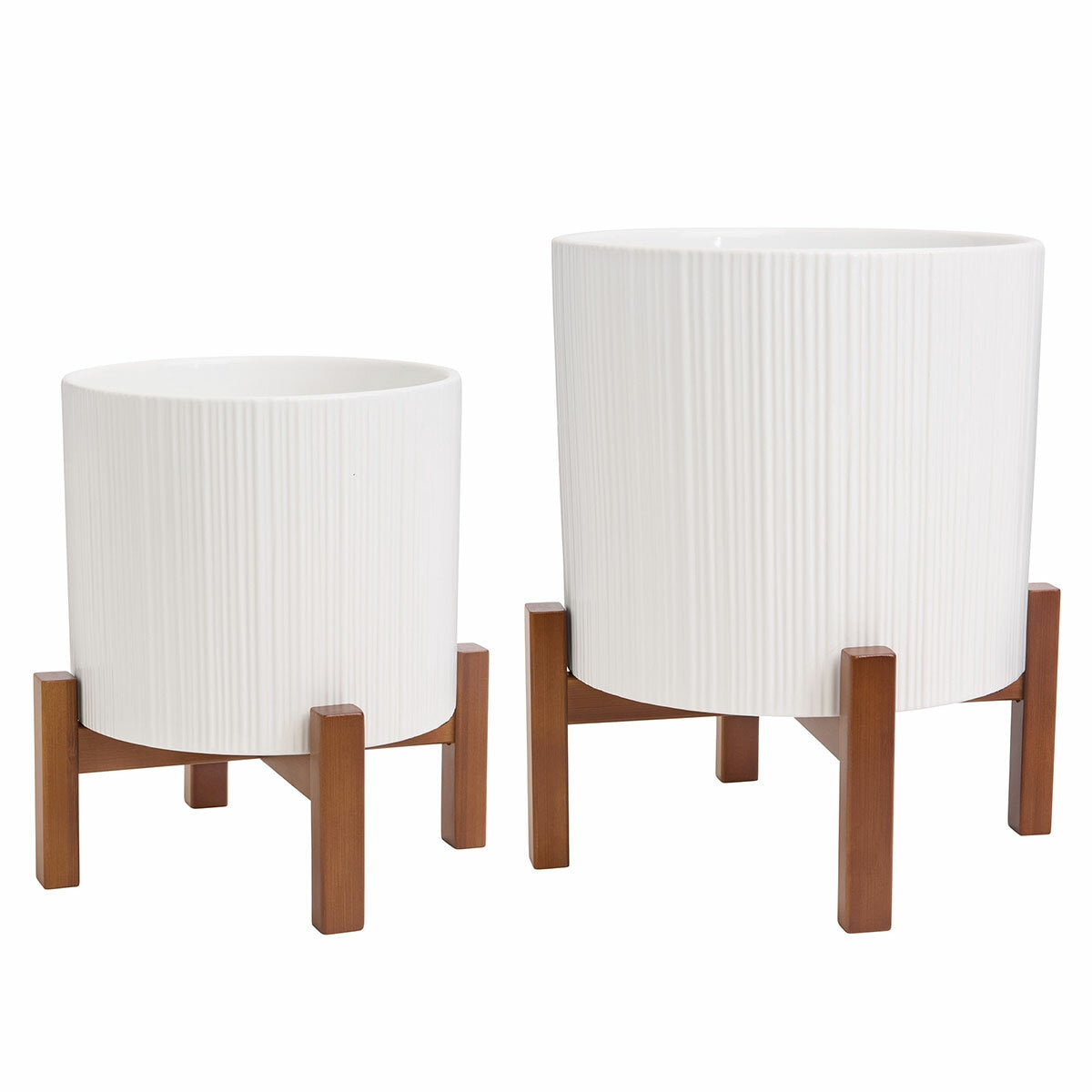 Ceramic Planters Set of 2 with Bamboo Stand White & 5.5L 3.3L