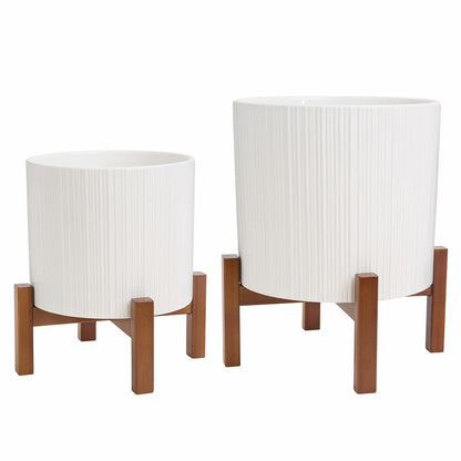 Ceramic Planters Set of 2 with Bamboo Stand White & 5.5L 3.3L
