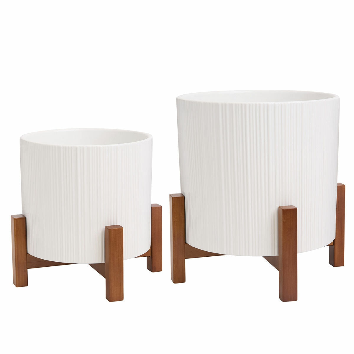Ceramic Planters Set of 2 with Bamboo Stand White & 5.5L 3.3L
