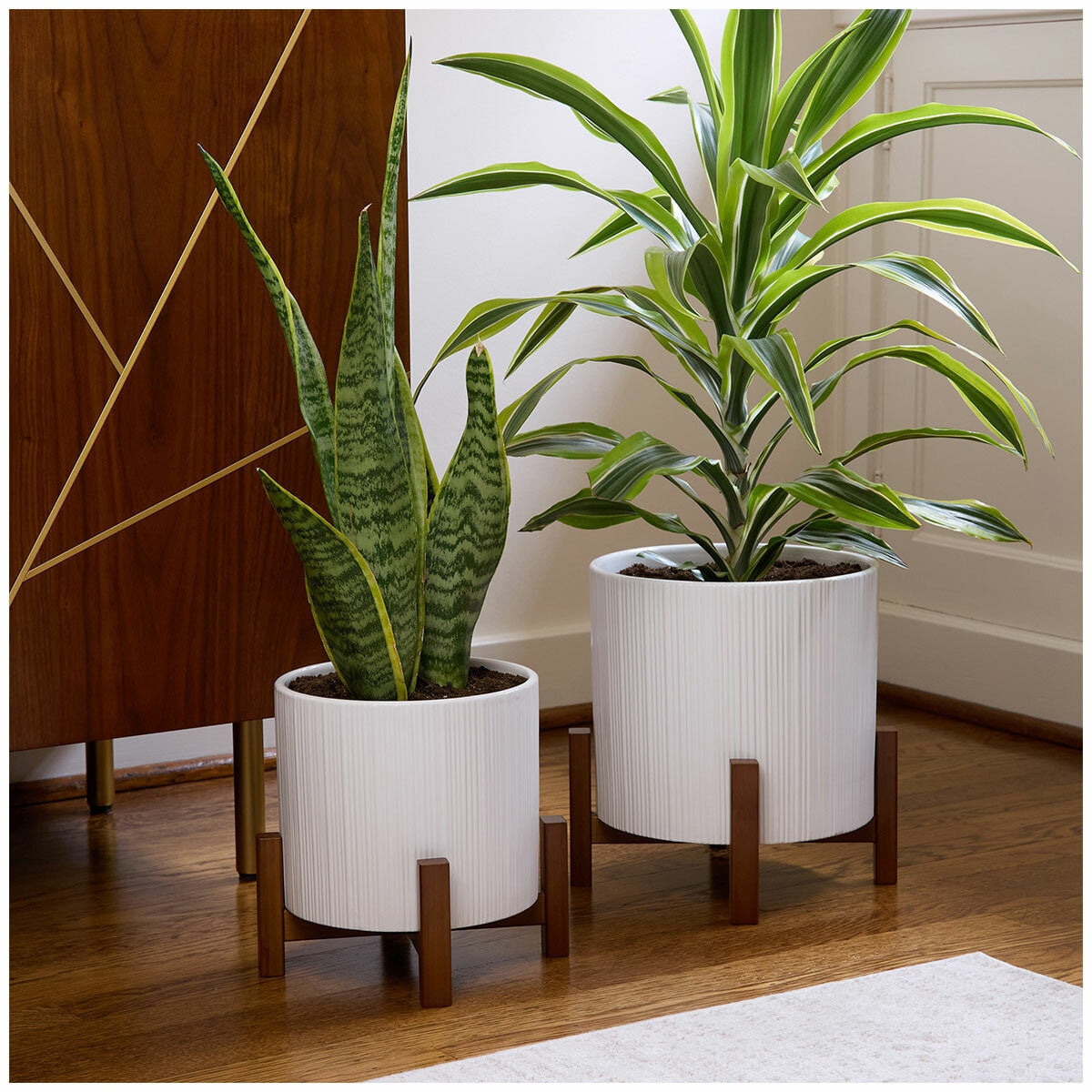 Ceramic Planters Set of 2 with Bamboo Stand White & 5.5L 3.3L