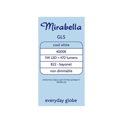 Mirabella Led Gls BC 5w 470lum 4000k Cool White - 2 pack