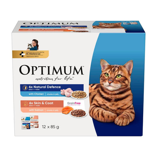 Optimum Adult Wet Cat Food Natural Defences With Chicken & Skin & Coat With Salmon 12x85g - 12 pack