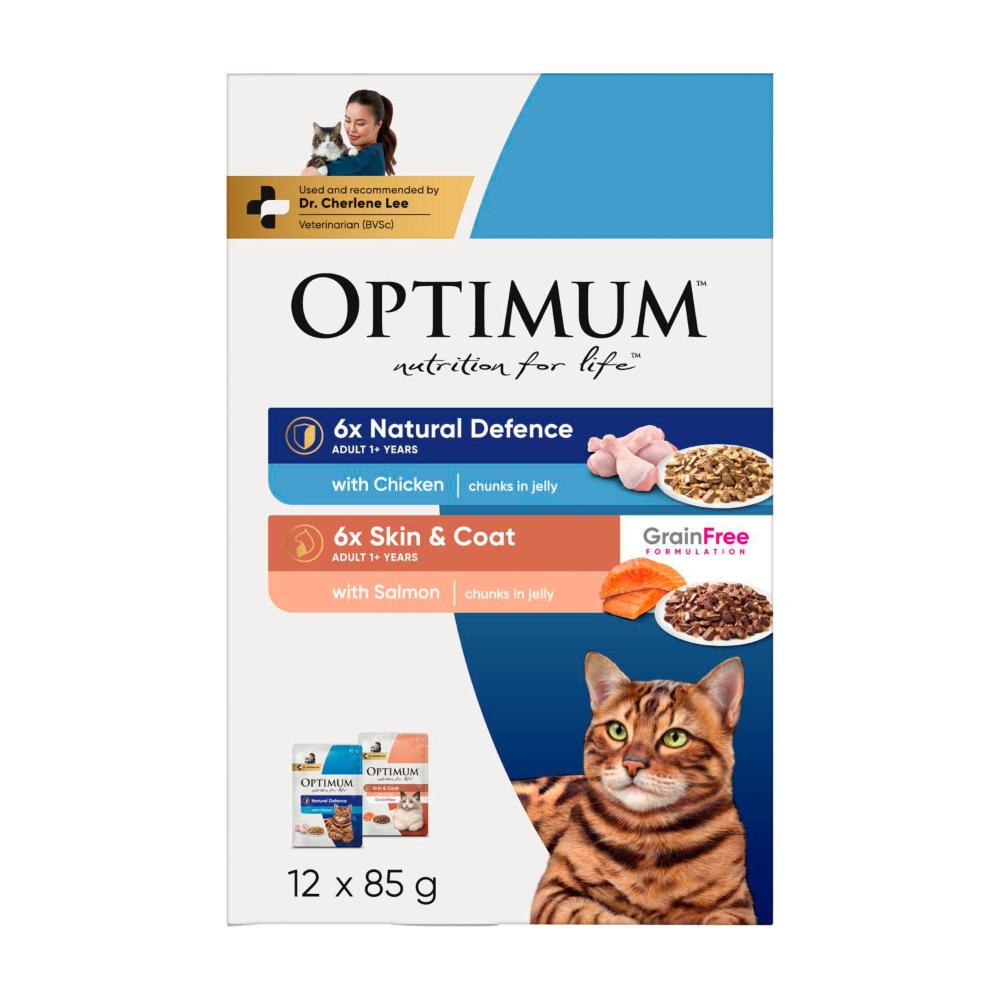 Optimum Adult Wet Cat Food Natural Defences With Chicken & Skin & Coat With Salmon 12x85g - 12 pack
