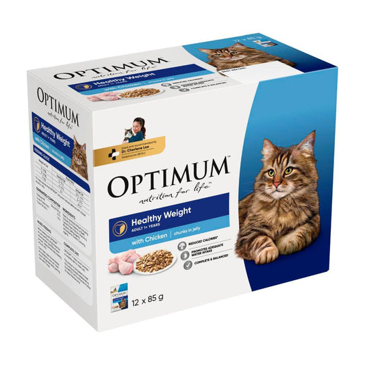 Optimum 1 + Weight Control Wet Cat Food With Chicken Chunks In Jelly 12x85g Pouches - 12 pack