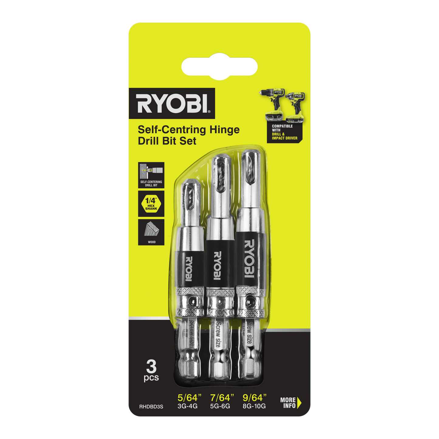 Ryobi Door Hinge Drill Bit Set - 5/64", 7/64", 9/64" - 3 Piece