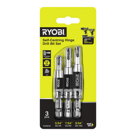Ryobi Door Hinge Drill Bit Set - 5/64", 7/64", 9/64" - 3 Piece