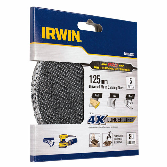Irwin 125mm Universal Mesh Sanding Discs Medium 80 Grit - 5 Pack