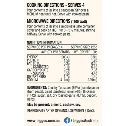 Leggos Roasted Garlic Chunky Tomato & Onion Pasta Sauce 500g