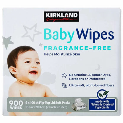 Kirkland Signature Fragrance Free Baby Wipes Gentle White 9 x 100 Pack