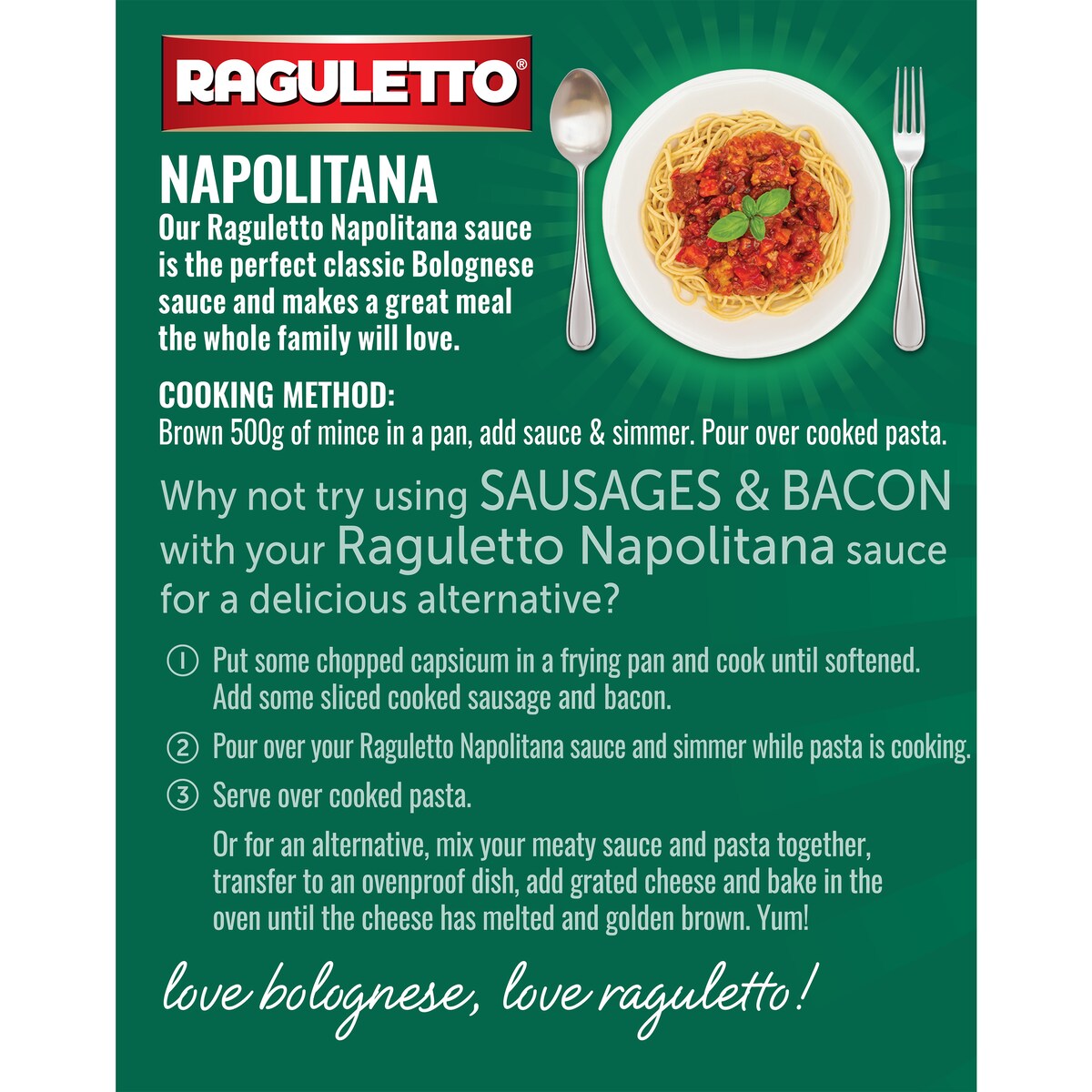 Raguletto Napolitana - Tomato & Garlic Bolognese Pasta Sauce 500g