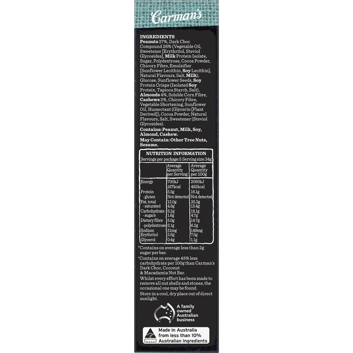 Carmans Low Sugar & Carb Nut Bar Dark Choc 170g