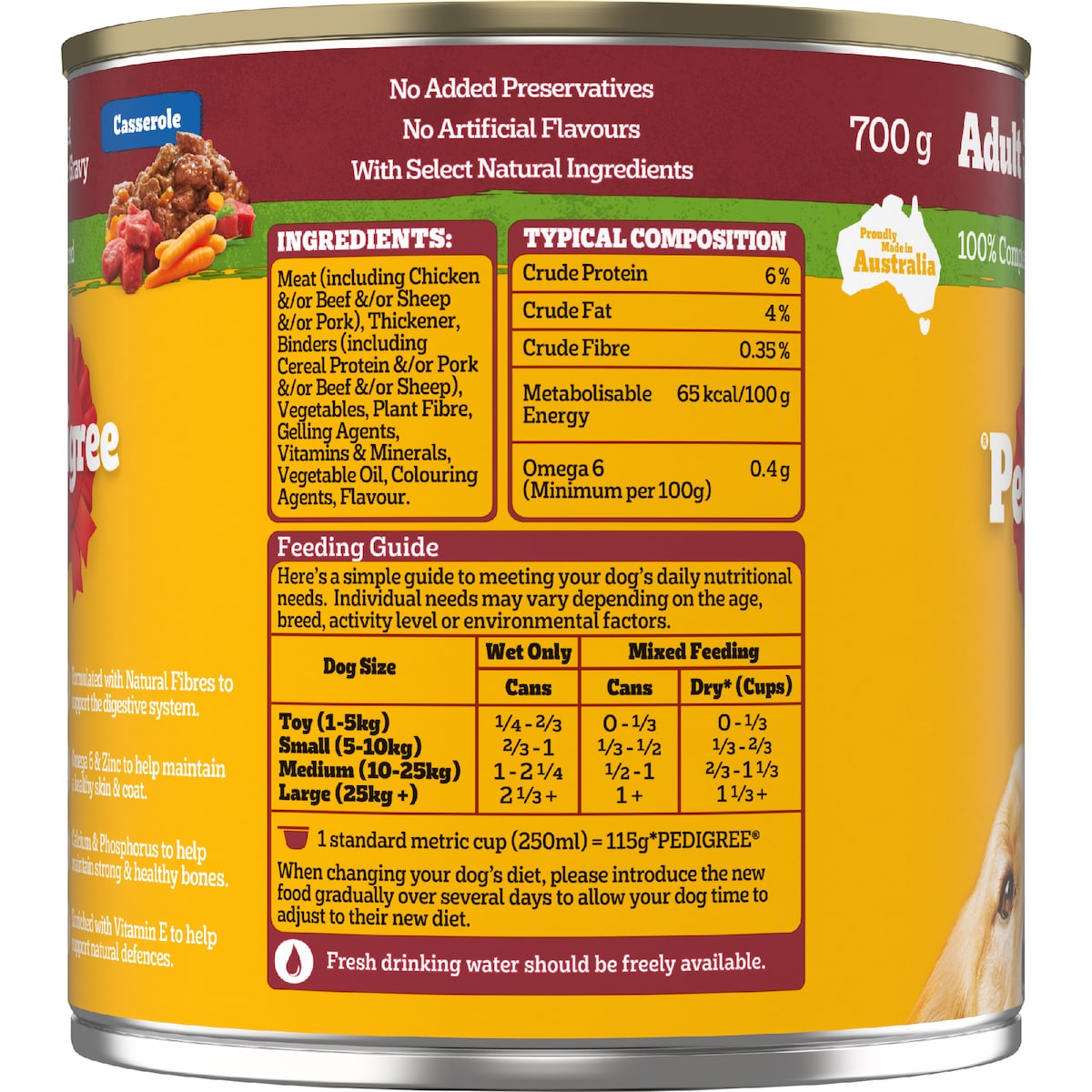 Pedigree Adult Wet Dog Food With Beef Vegies & Gravy Casserole Can 700g