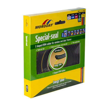 Moroday E Shaped Weatherseal 9mm x 4.5mm x 5m Black EPDM Rubber