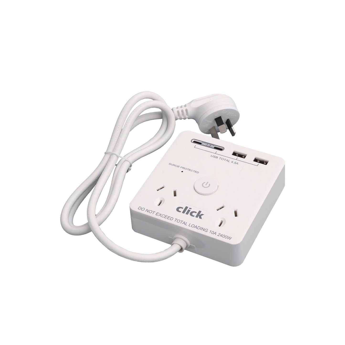 Click Power Board with USB Charger - 2 Outlet - 104 x 28 x 97mm