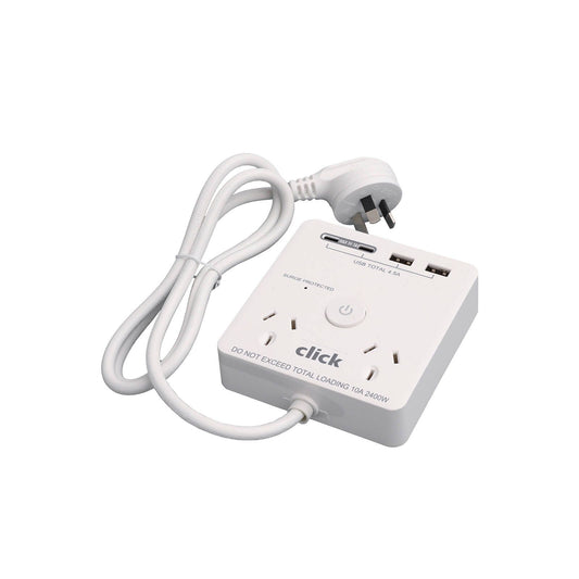 Click Power Board with USB Charger - 2 Outlet, 1m