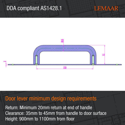 Lemaar D Pull - 150 x 16mm - 304 Stainless Steel - DDA Compliant