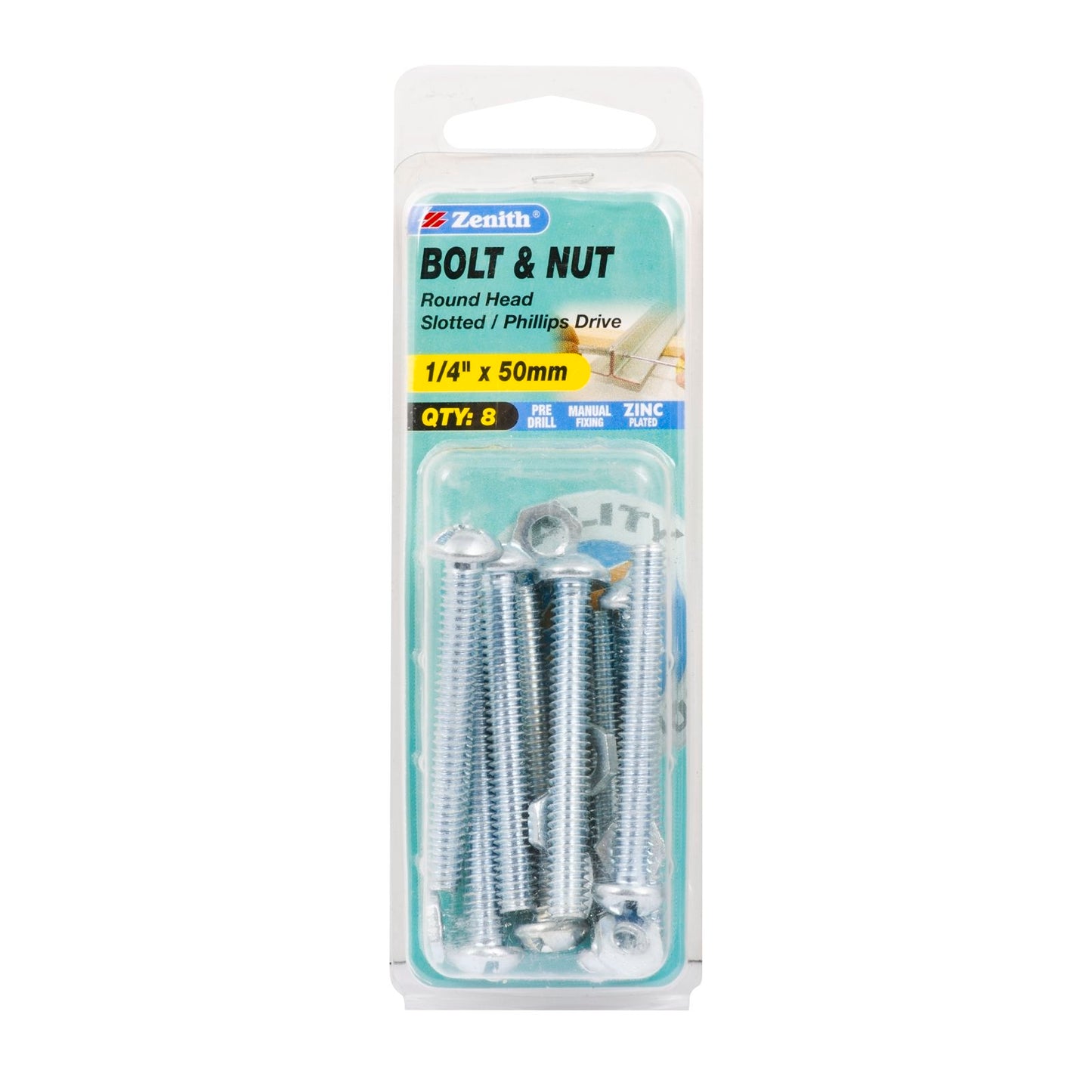 Zenith Round Head Bolt and Nut - 1/4 x 50mm - 8 Pack
