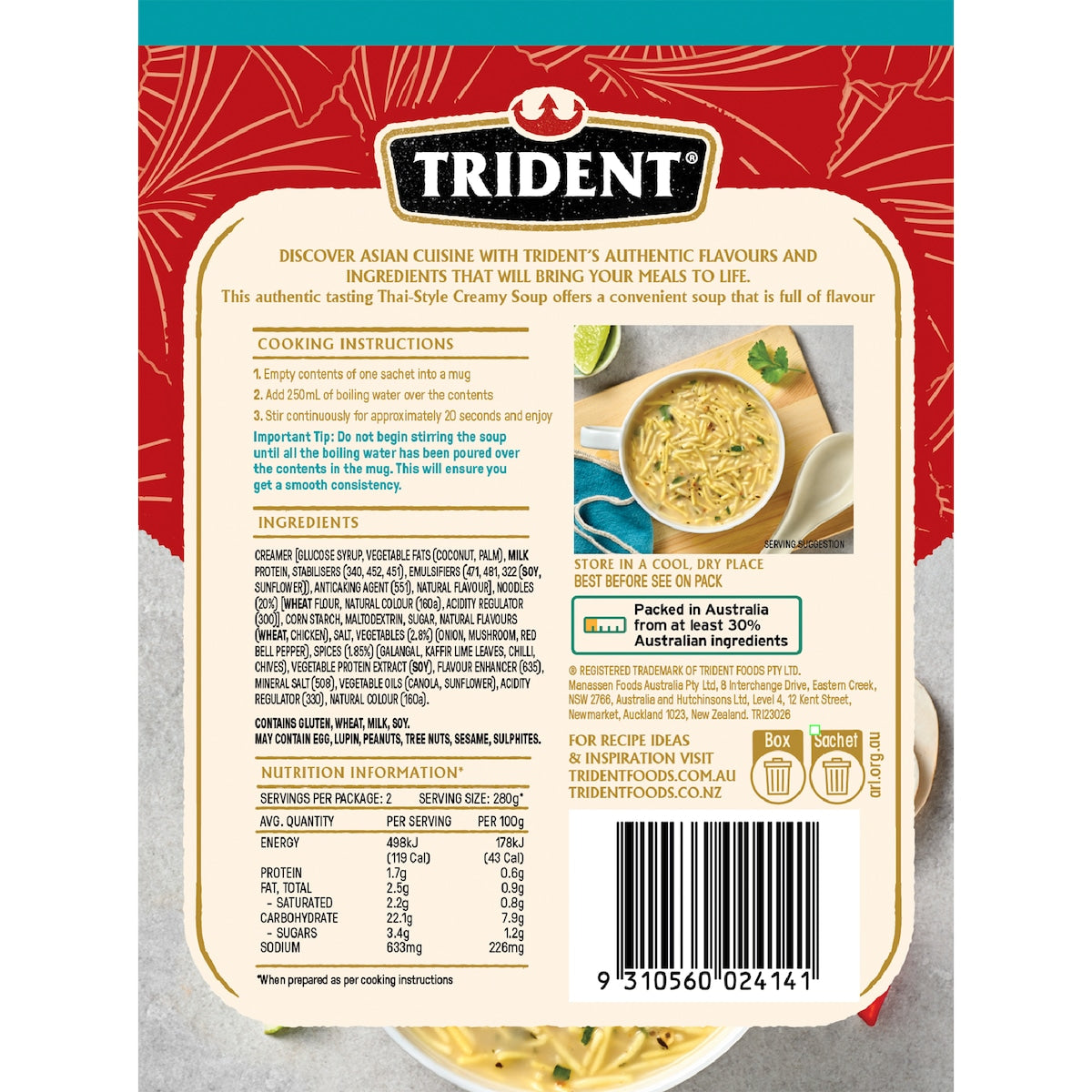 Trident Thai Style Creamy Tom Kha Instant Soup With Noodles 60g