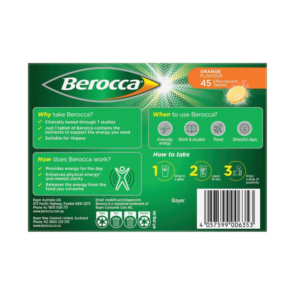 Berocca Energy Vitamin B & C Orange Flavour Effervescent Tablets - 45 Pack