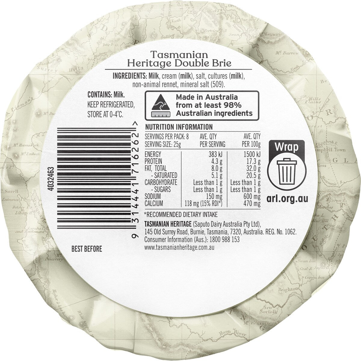 Tasmanian Heritage Double Brie Cheese 200g
