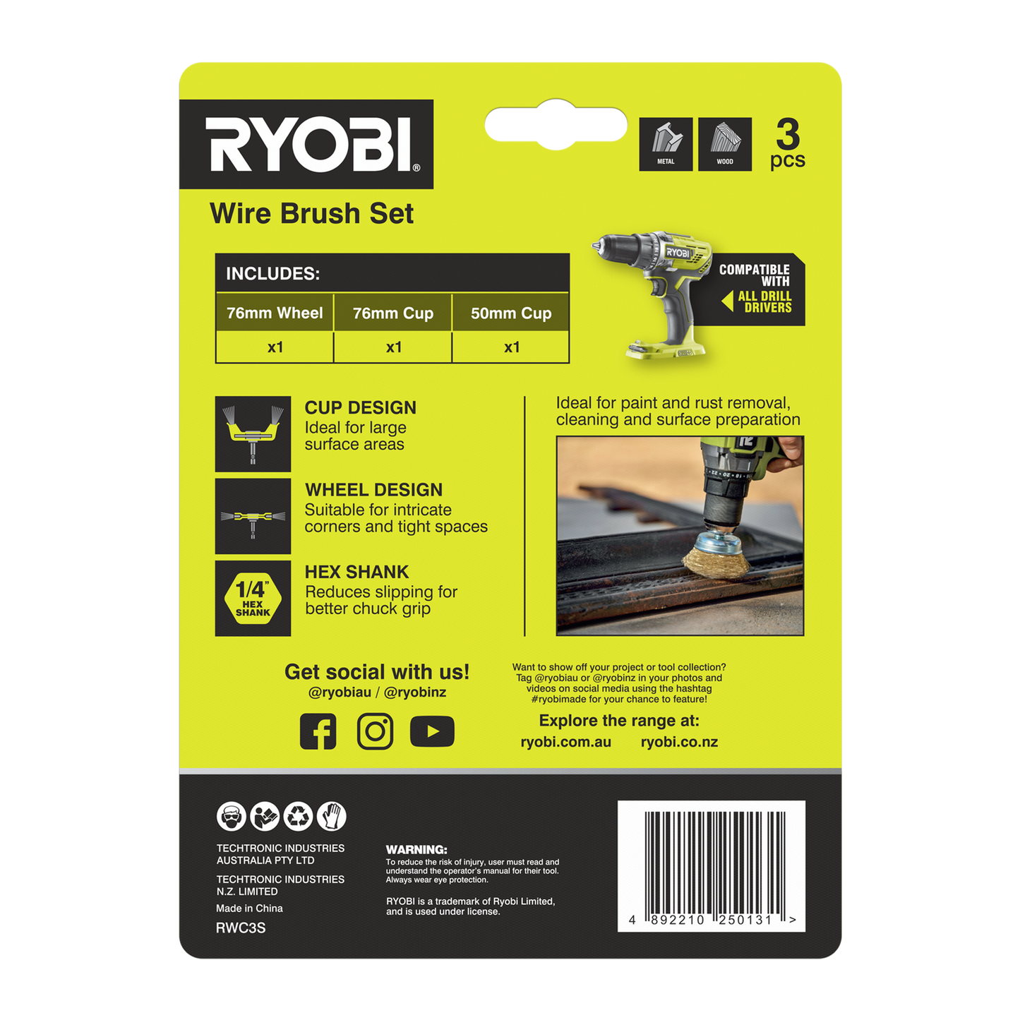 Ryobi Wire Brush Set - 76mm & 50mm - 3 Piece