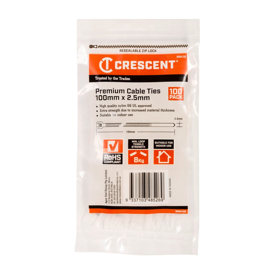 Crescent Cable Ties - 100mm x 2.5mm - Natural - 100 Pack