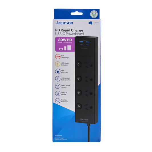 Jackson Powerboard - 4 Outlet - 1.8m - Black