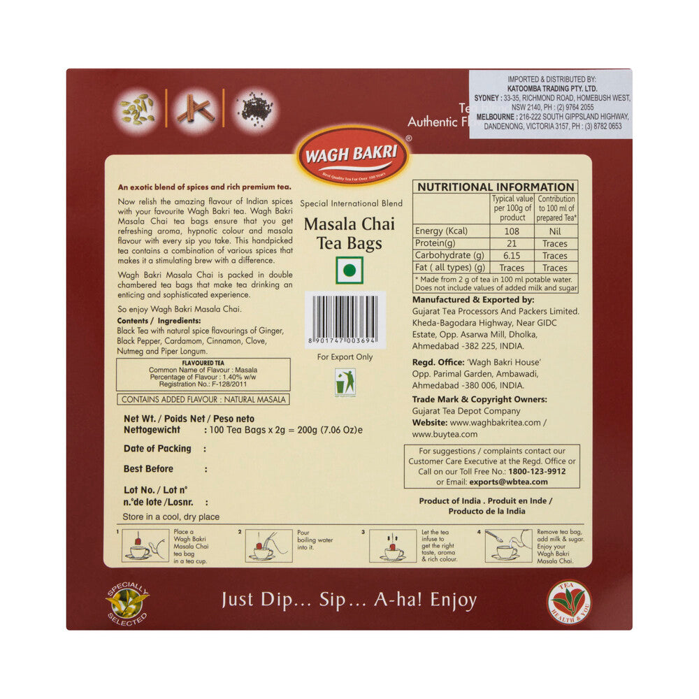 Wagh Bakri Masala Chai Tea Bags 200g - 100 Pack