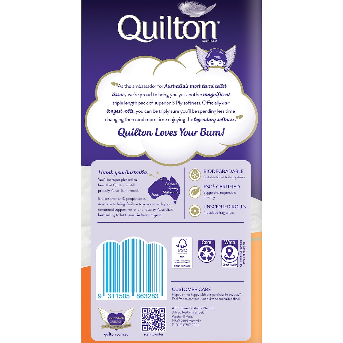 Quilton Triple Length 3 Ply Toilet Paper 6 Pack