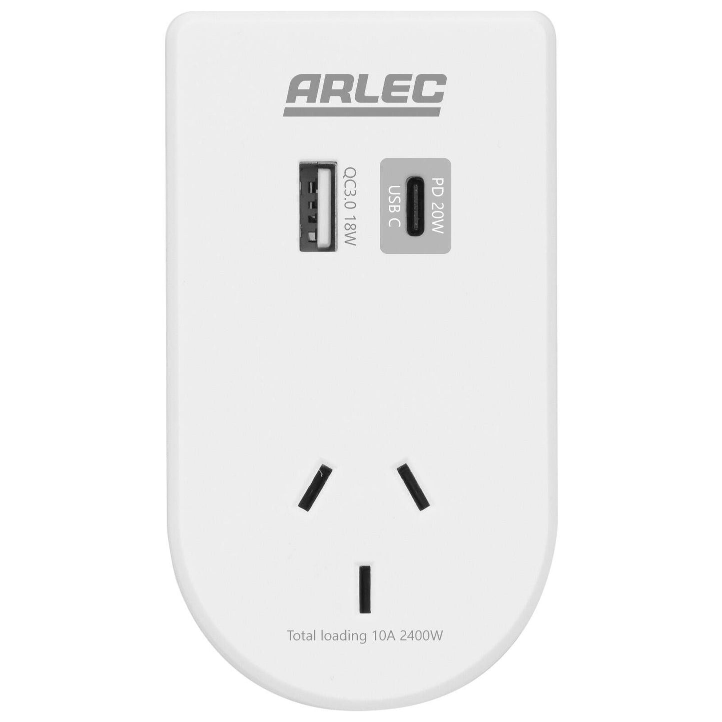 Arlec Power Adaptor with Integrated Phone Mount - 55 x 100 x 70mm