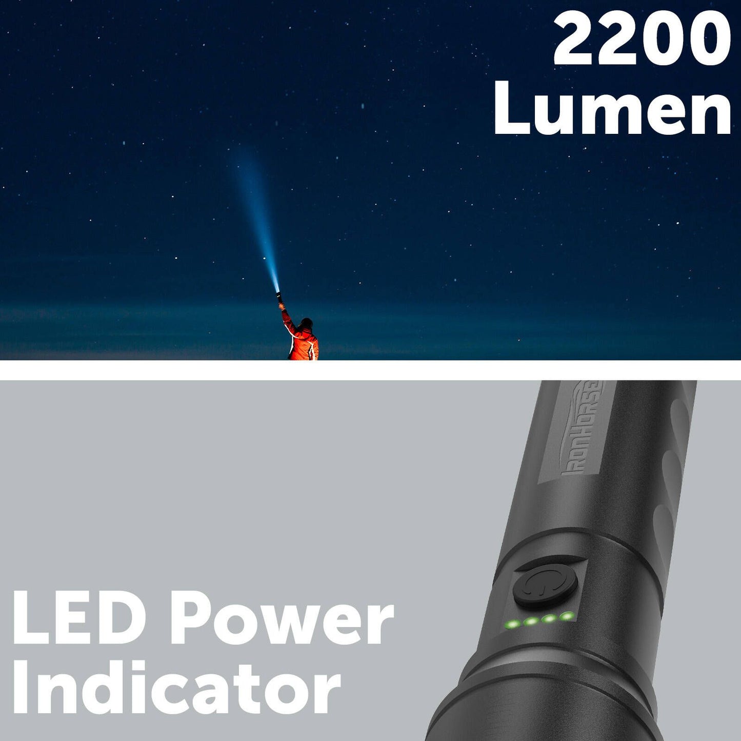 Ironhorse Premium Hybrid Dual Power Torch Flashlight - 2200lm - 300mm