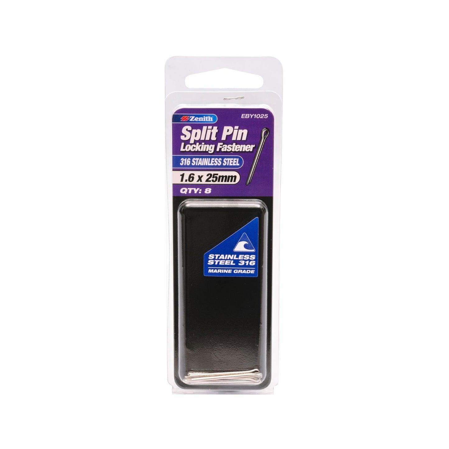 Zenith Split Pins - 1.6 x 25mm - 316 Stainless Steel - 8 Pack