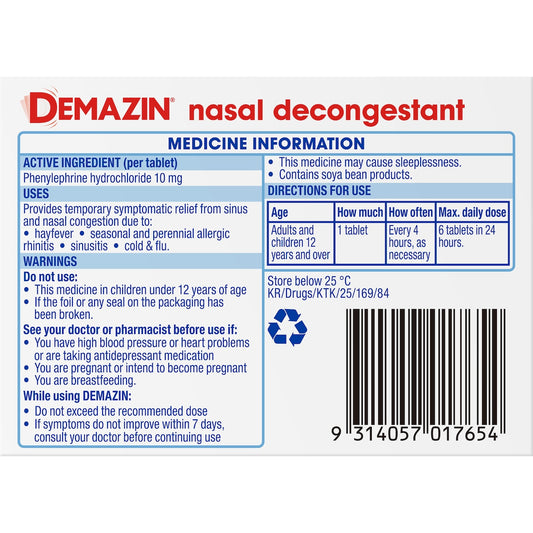 Demazin Nasal Decongestant Tablets 24 Pack