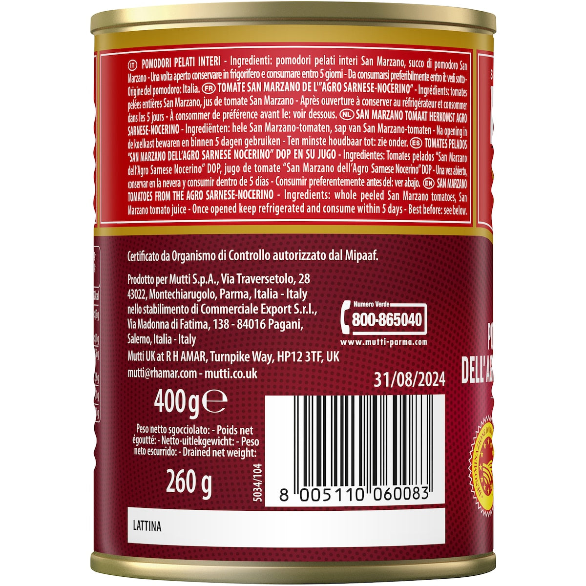Mutti San Marzano Peeled Tomatoes Whole 400g
