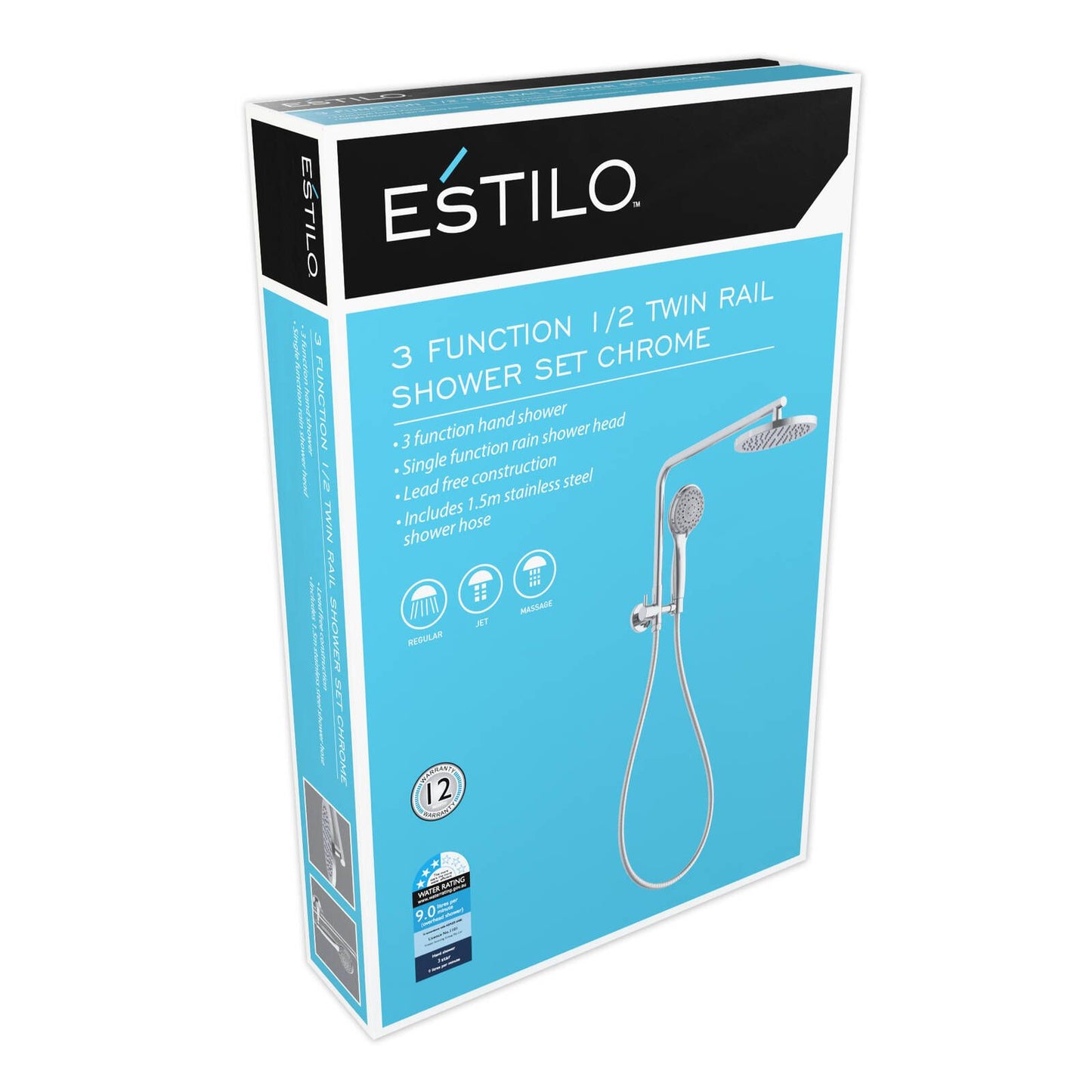 Estilo 3 Function 1/2 Twin Rail Shower Set Chrome